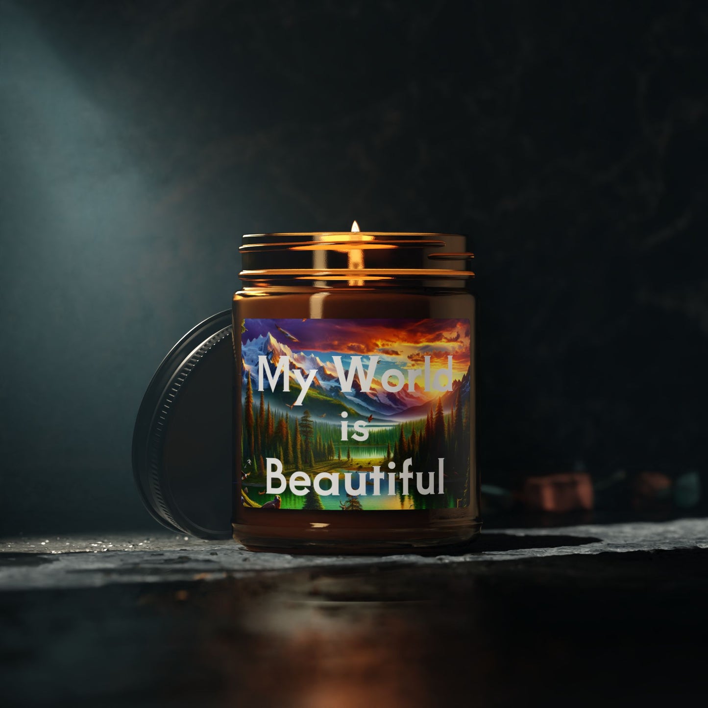 "My World is Beautiful" - Scented Soy Candle in Amber Jar, 4oz & 9oz